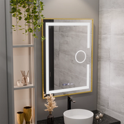 Obdĺžnikové LED zrkadlo, 60x80cm, Eclat MotionGlow Marcello, Demister System, Hodiny & Teplomer, Kozmetická lupa, Stmievateľné, Rám z brúseného zlata