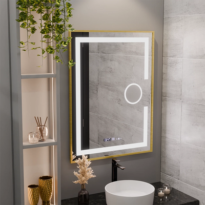 Obdĺžnikové LED zrkadlo, 60x80cm, Eclat MotionGlow Marcello, Demister System, Hodiny & Teplomer, Kozmetická lupa, Stmievateľné, Rám z brúseného zlata