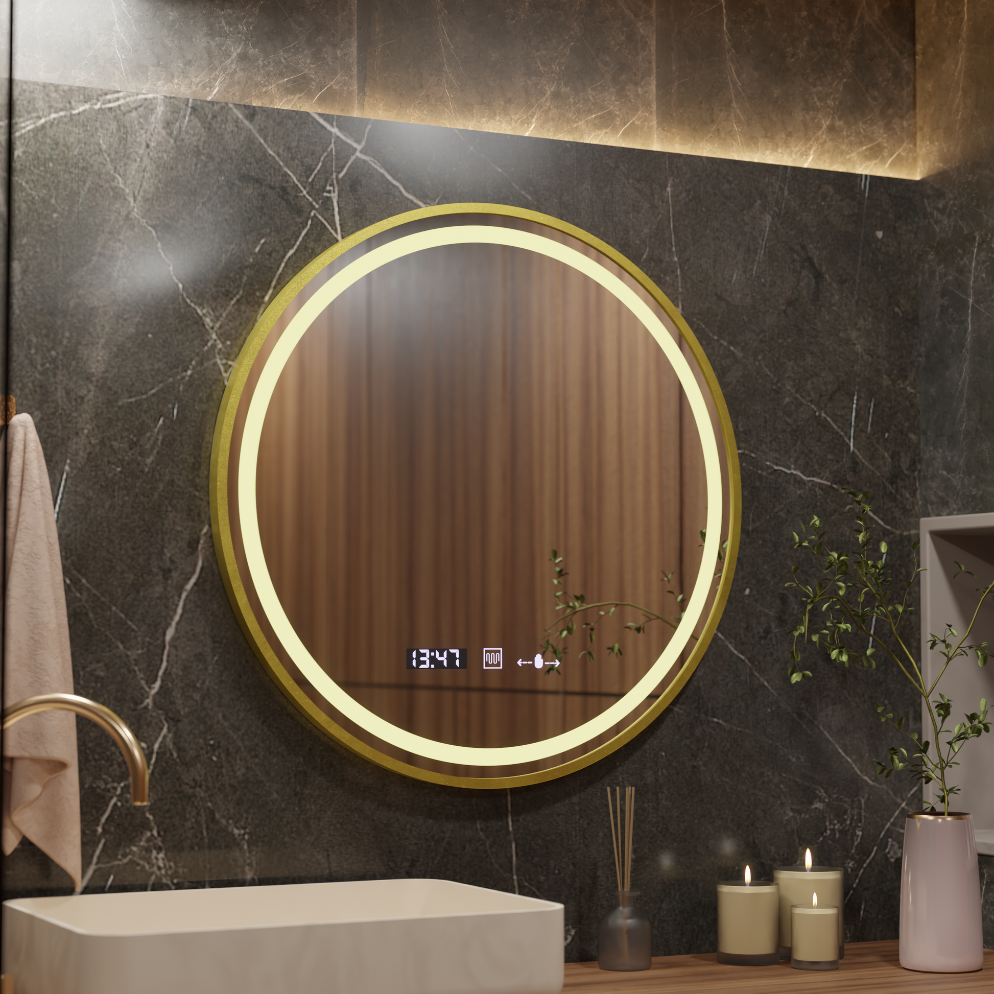 Oglinda LED Rotunda, 80cm, Celeste Royale Gold MotionGlow Marcello, Sistem Dezaburire, Ceas & Termometru, Dimabila Oglinzi Marcello Default Title Alessandro Design