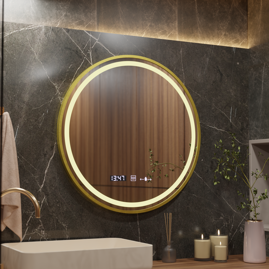 Oglinda LED Rotunda, 80cm, Celeste Royale Gold MotionGlow Marcello, Sistem Dezaburire, Ceas & Termometru, Dimabila Oglinzi Marcello Default Title Alessandro Design