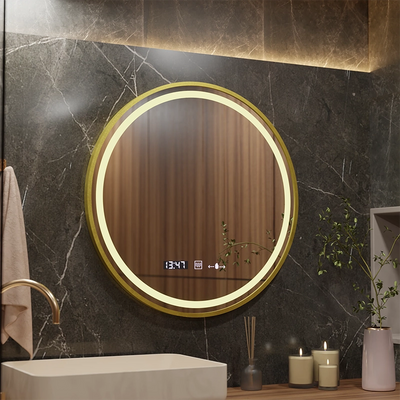 LED okrúhle zrkadlo, 70 cm, Celeste Royale Gold MotionGlow Marcello, Demister System, Hodiny & Teplomer, Stmievateľné