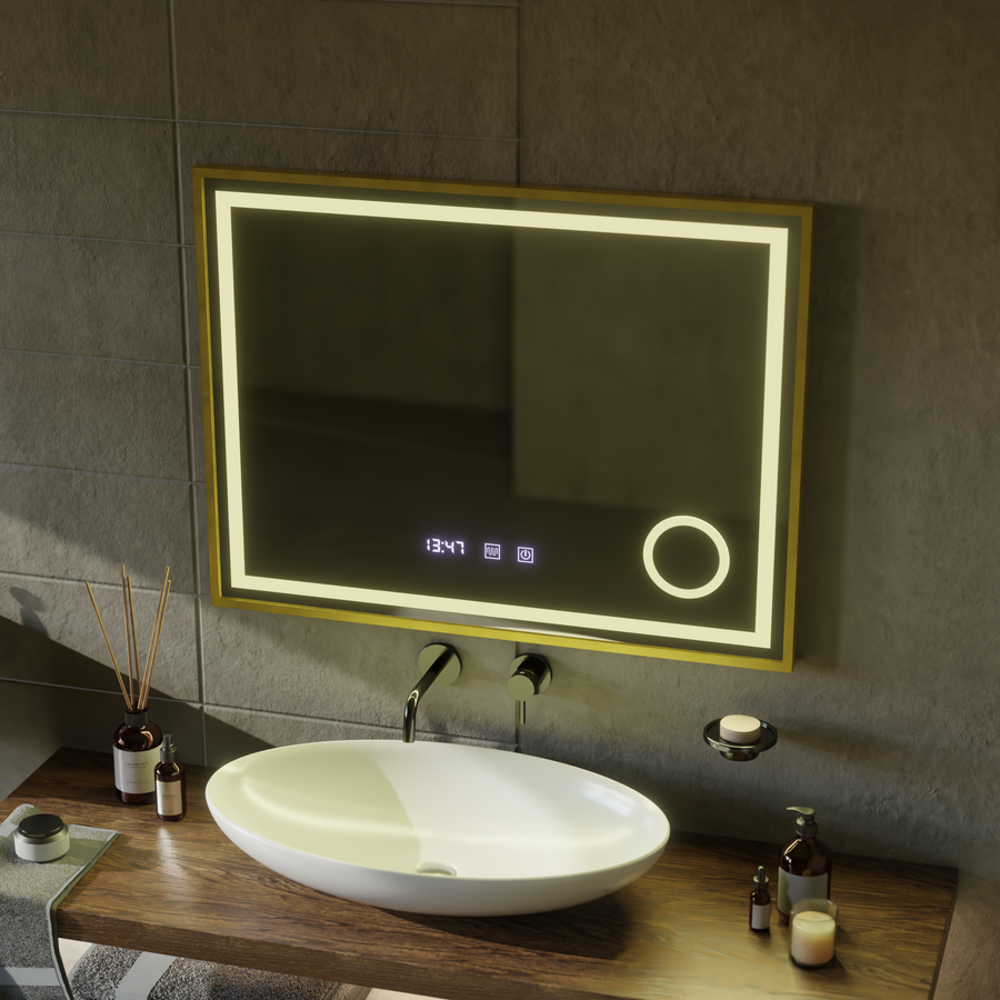 Oglinda LED Touch CLARUS Sistem Dezaburire, Ceas si Temperatura 80x60 cm Rama Auriu Brushed Lupa Cosmetica Oglinzi Korman S Default Title Alessandro Design