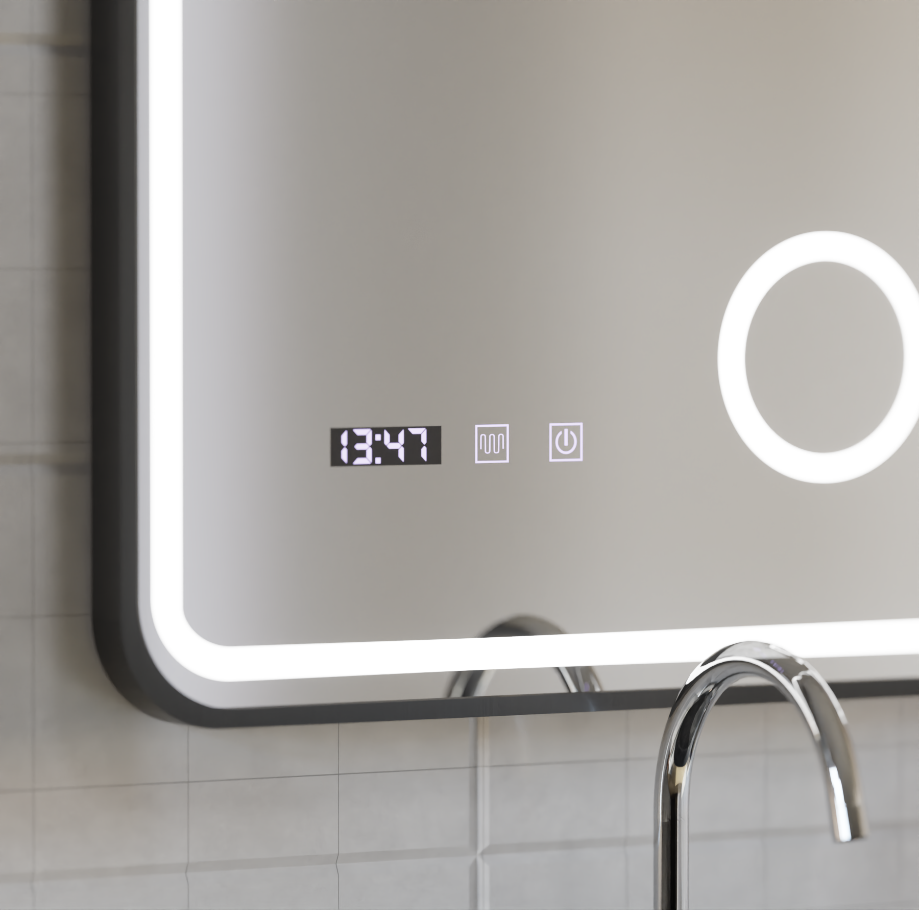 Oglinda LED Touch Ulrich Sistem Dezaburire, Ceas si Temperatura 75x90 cm Rama Negru Brushed Lupa Cosmetica Oglinzi Korman S Default Title Alessandro Design
