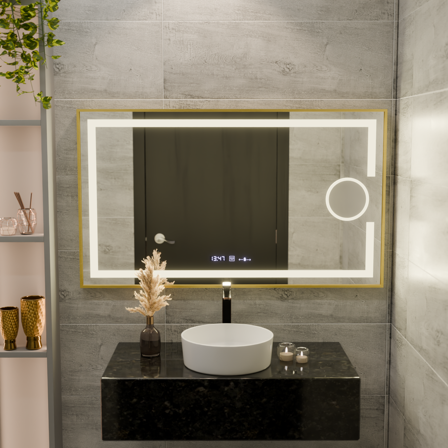 Oglinda LED Rectangulara, 120x80cm, Eclat MotionGlow Marcello, Sistem Dezaburire, Ceas & Termometru, Lupa Cosmetica, Dimabila, Rama Auriu Brushed Oglinzi Marcello Default Title Alessandro Design