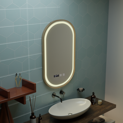 Oglinda LED Touch Konrad Sistem Dezaburire, Ceas si Temperatura 50x80 cm Rama Auriu Brushed, Lumina Calda Neutra Rece 3000K/4000K/6000K Oglinzi Korman S Default Title Alessandro Design