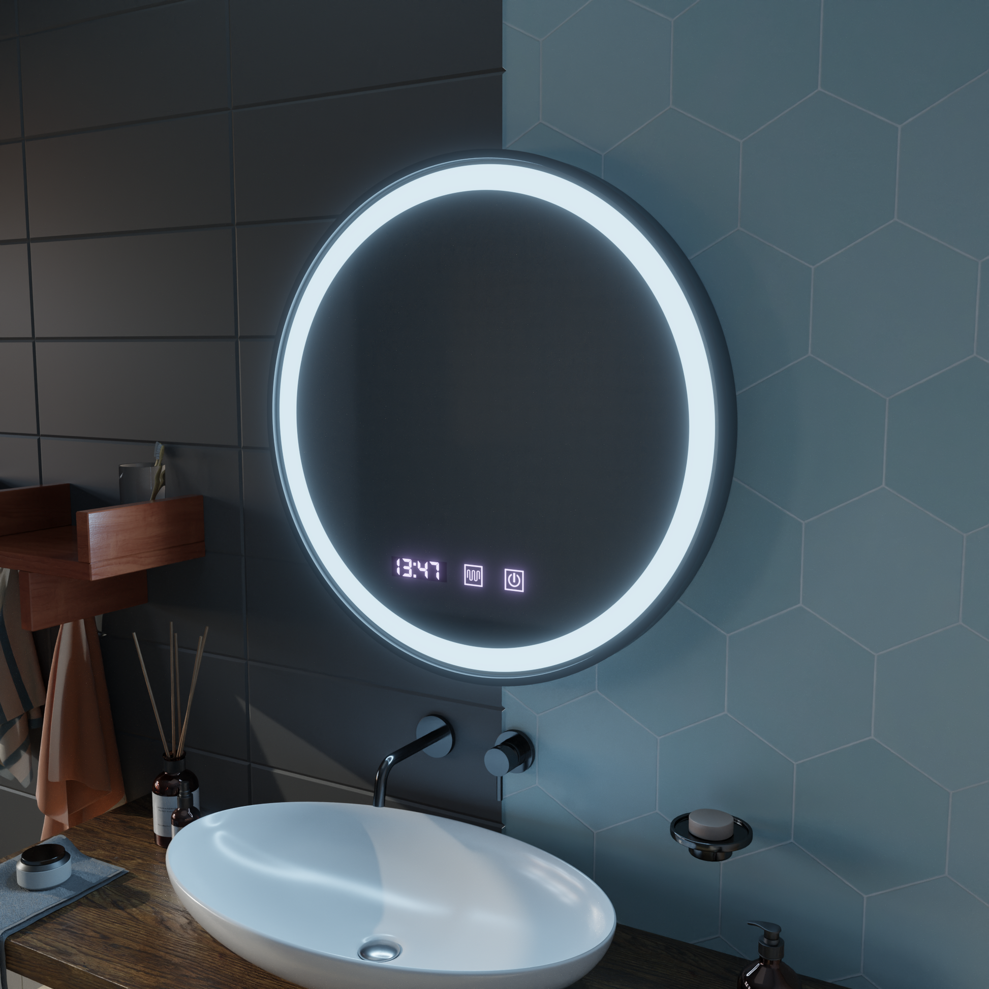Oglinda LED Touch NOVARA Sistem Dezaburire, Ceas si Temperatura 80 cm Rama Negru Brushed Oglinzi Korman S Default Title Alessandro Design