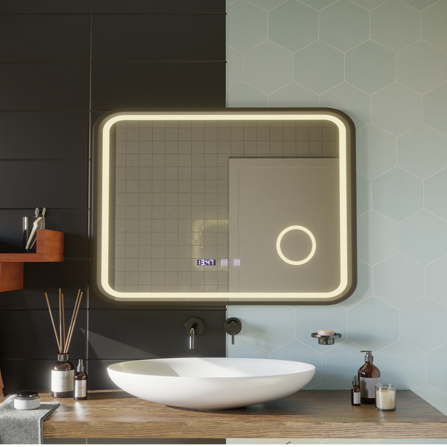 Oglinda LED Touch Bernd Sistem Dezaburire, Ceas si Temperatura 80x60 cm Rama Negru Brushed Lupa Cosmetica Oglinzi Korman S Default Title Alessandro Design