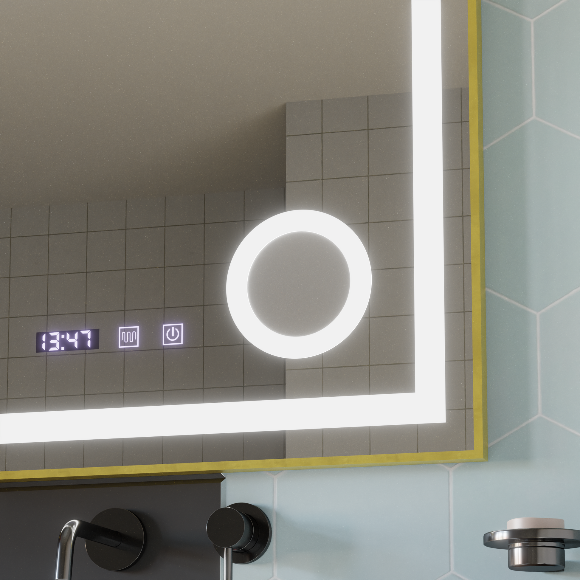 Oglinda LED Touch CLARUS Sistem Dezaburire, Ceas si Temperatura 80x60 cm Rama Auriu Brushed Lupa Cosmetica Oglinzi Korman S Default Title Alessandro Design
