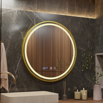 Oglinda LED Touch LUSSO Sistem Dezaburire, Ceas si Temperatura, 70 cm, rama Auriu Brushed Oglinzi Korman S Default Title Alessandro Design