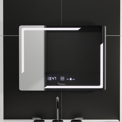 Obdĺžnikové LED zrkadlo, 80x60cm, Rayonnement MotionGlow Marcello, Demister System, Hodiny & Teplomer, Stmievateľné