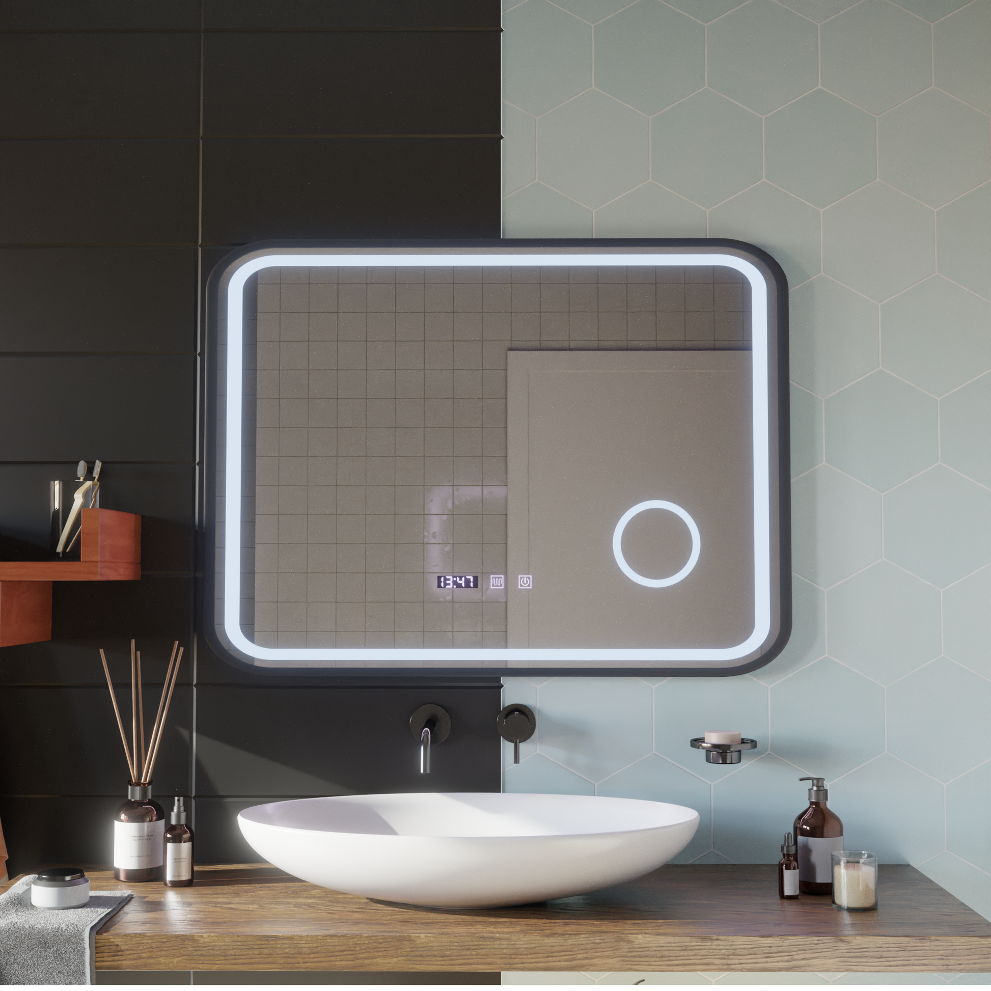 Oglinda LED Touch Bernd Sistem Dezaburire, Ceas si Temperatura 80x60 cm Rama Negru Brushed Lupa Cosmetica Oglinzi Korman S Default Title Alessandro Design