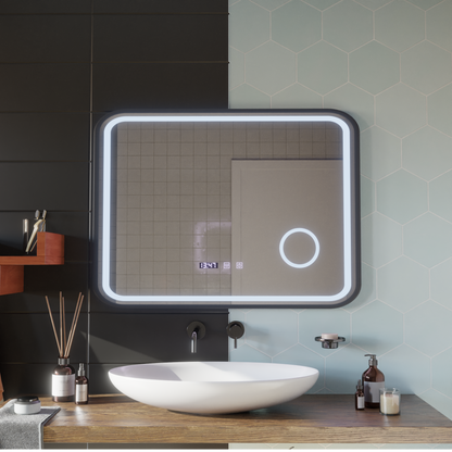 Oglinda LED Touch Bernd Sistem Dezaburire, Ceas si Temperatura 80x60 cm Rama Negru Brushed Lupa Cosmetica Oglinzi Korman S Default Title Alessandro Design