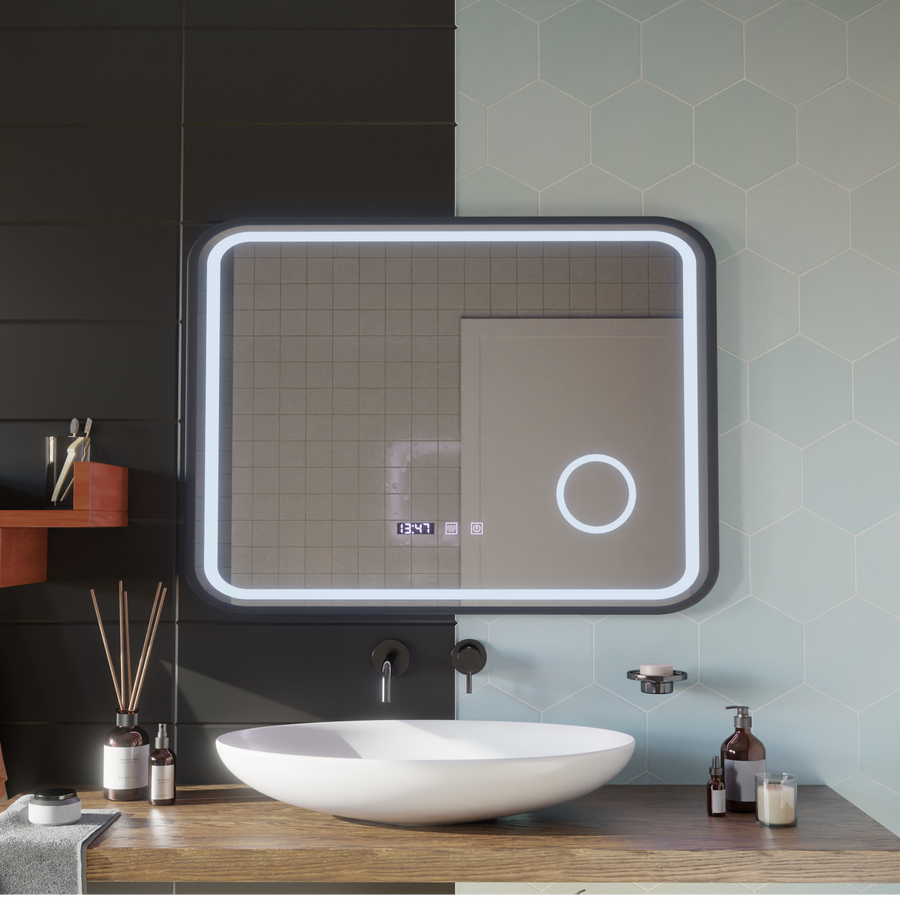 Oglinda LED Touch Bernd Sistem Dezaburire, Ceas si Temperatura 80x60 cm Rama Negru Brushed Lupa Cosmetica Oglinzi Korman S Default Title Alessandro Design