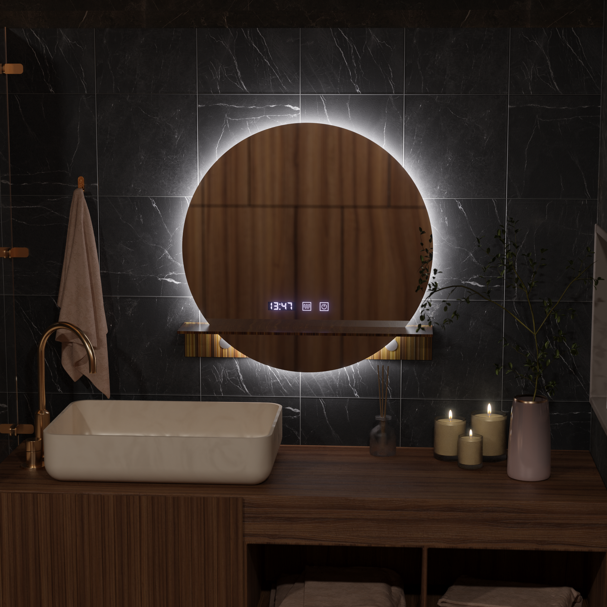 Oglinda LED Touch Alfred Sistem Dezaburire, Ceas si Temperatura 60x60 cm Cu Suport Integrat Oglinzi Korman S Default Title Alessandro Design