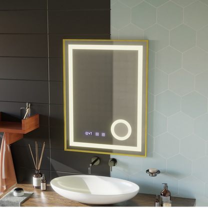 Oglinda LED Touch CLARUS Sistem Dezaburire, Ceas si Temperatura 60x80 cm Rama Auriu Brushed Lupa Cosmetica Oglinzi Korman S Default Title Alessandro Design