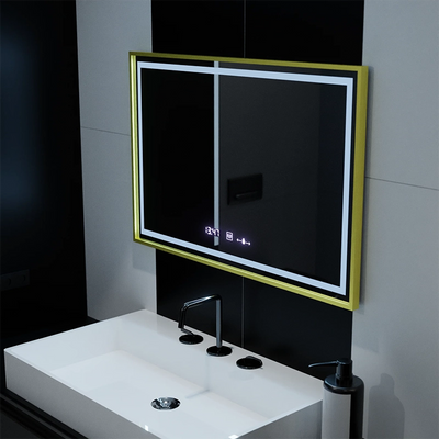 Obdĺžnikové LED zrkadlo, 100x65cm, Verite Royale Gold Motion Glow Marcello, Demister System, Hodiny & Teplomer, Stmievateľné