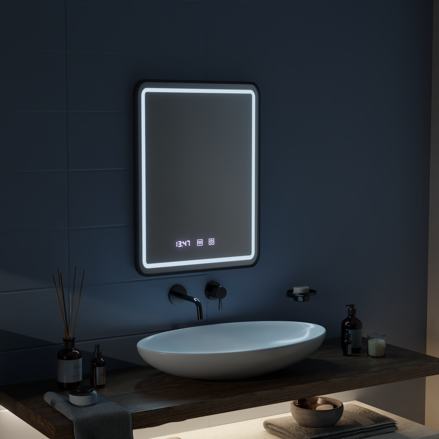 Oglinda LED Touch LUCIDA Sistem Dezaburire, Ceas si Temperatura 60x80 cm Rama Negru Brushed Oglinzi Korman S Default Title Alessandro Design