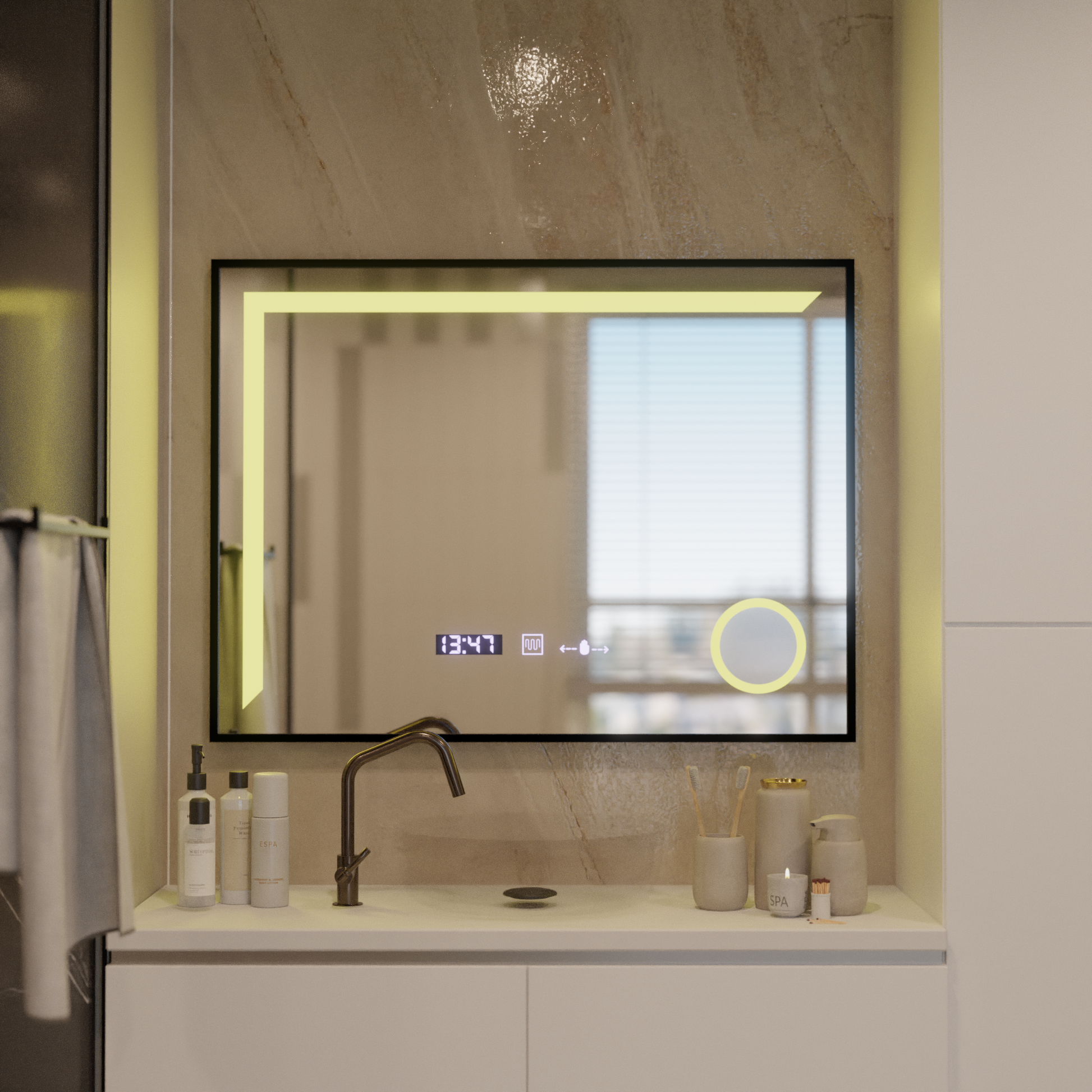 Oglinda LED Senzor MotionGlow Francesca 80x60 cm Lumina Calda/Rece/Neutra Dimabila Rama Negru Brushed Sistem Dezaburire Termometru Ceas Colectia Marcello Funghi Oglinzi Marcello Default Title Alessandro Design