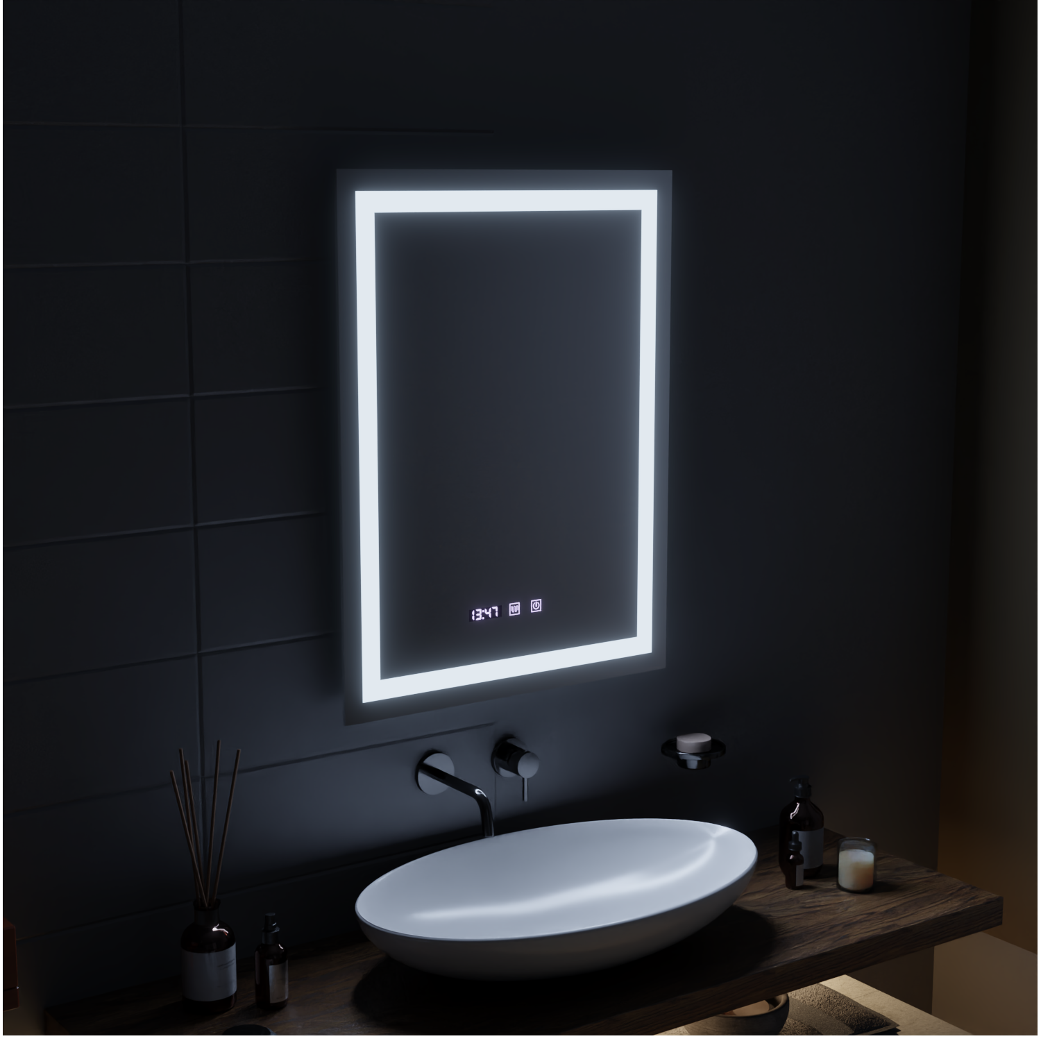 Oglinda LED Touch MODENA Sistem Dezaburire, Ceas si Temperatura 60x80 cm Oglinzi Korman S Default Title Alessandro Design