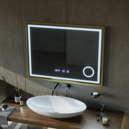Oglinda LED Touch CLARUS Sistem Dezaburire, Ceas si Temperatura 80x60 cm Rama Auriu Brushed Lupa Cosmetica Oglinzi Korman S Default Title Alessandro Design