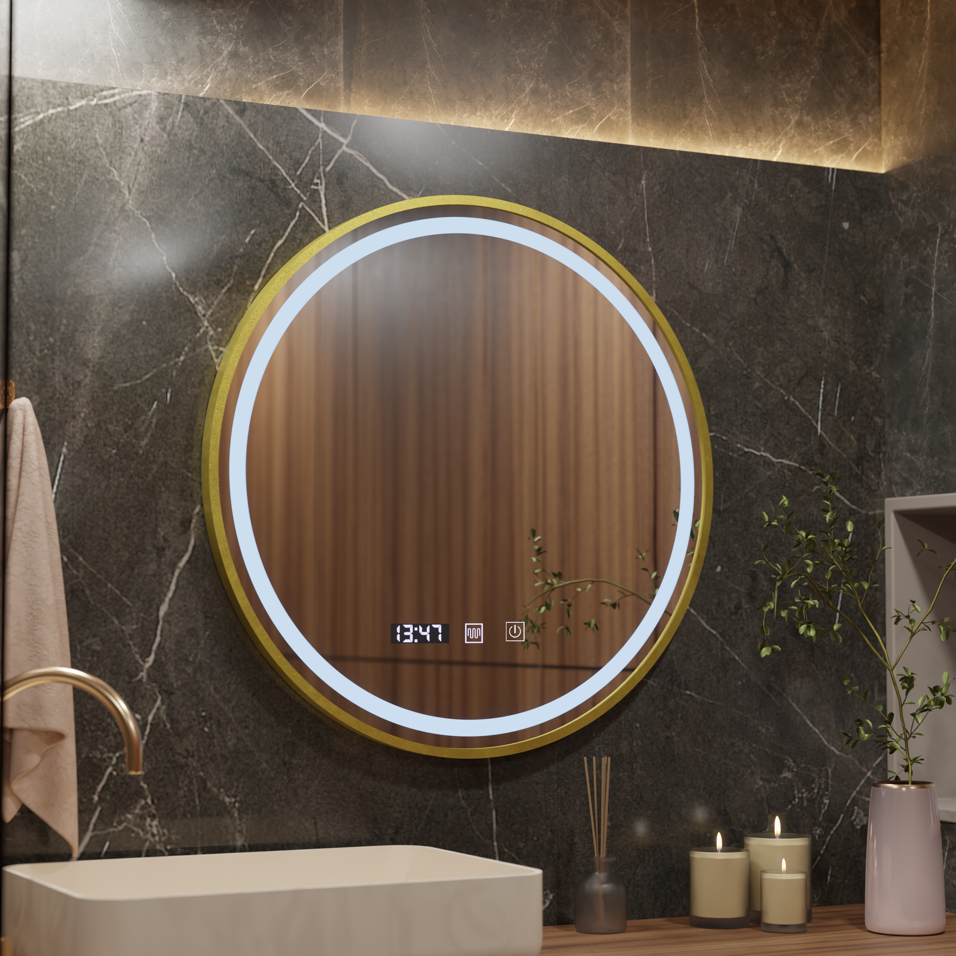 Oglinda LED Touch LUSSO, Sistem Dezaburire, Ceas si Temperatura, Diametru 60cm, Rama Auriu Brushed, Lumina Calda Rece Neutra 3000K/4500K/6000K, Dimabila Oglinzi Korman S Default Title Alessandro Design