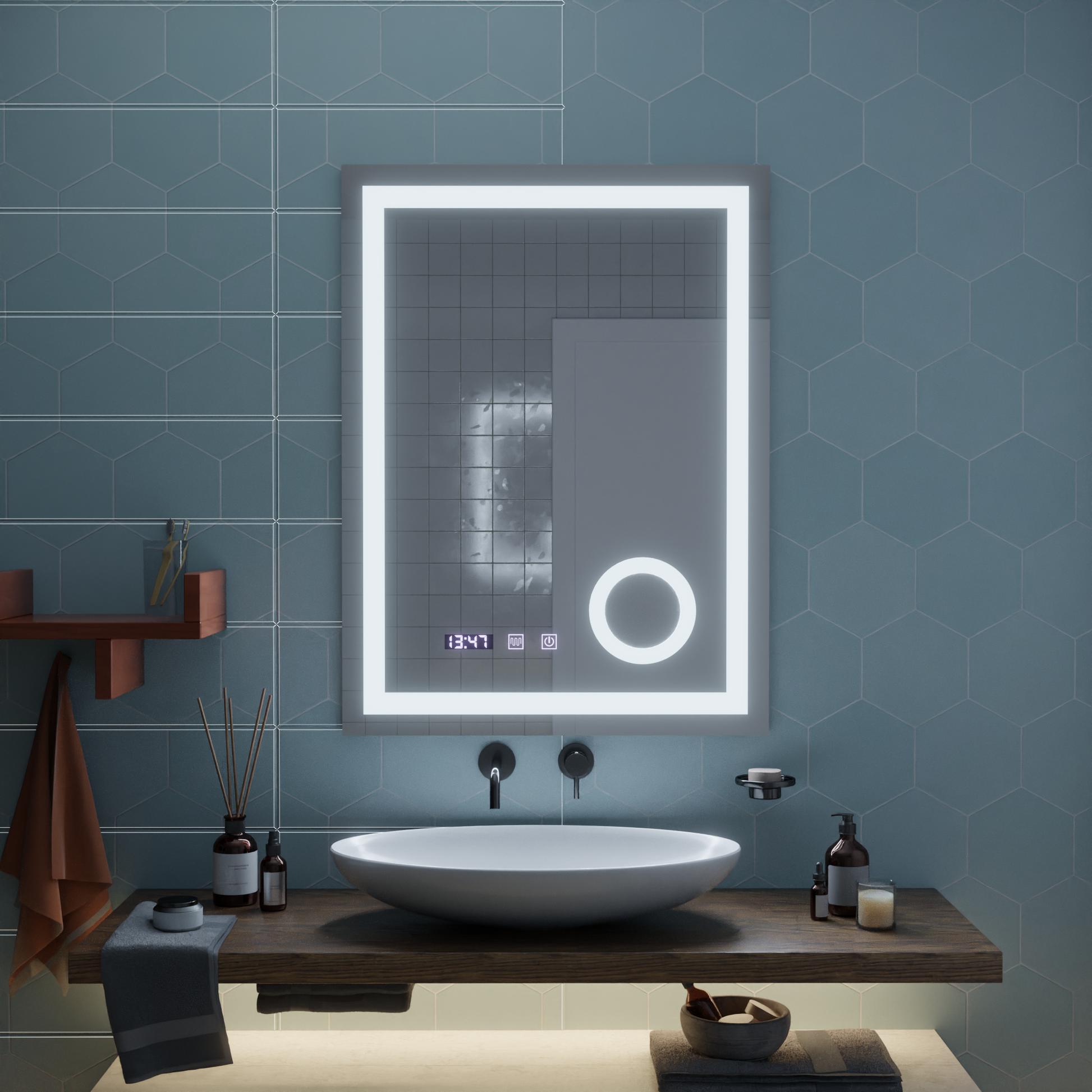 Oglinda LED Touch NIVERA Sistem Dezaburire, Ceas si Temperatura 60x80 cm Lupa Cosmetica Oglinzi Korman S Default Title Alessandro Design
