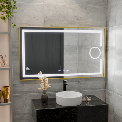 Obdĺžnikové LED zrkadlo, 120x80cm, Eclat MotionGlow Marcello, Demister System, Hodiny & Teplomer, Kozmetická lupa, Stmievateľné, Rám z brúseného zlata
