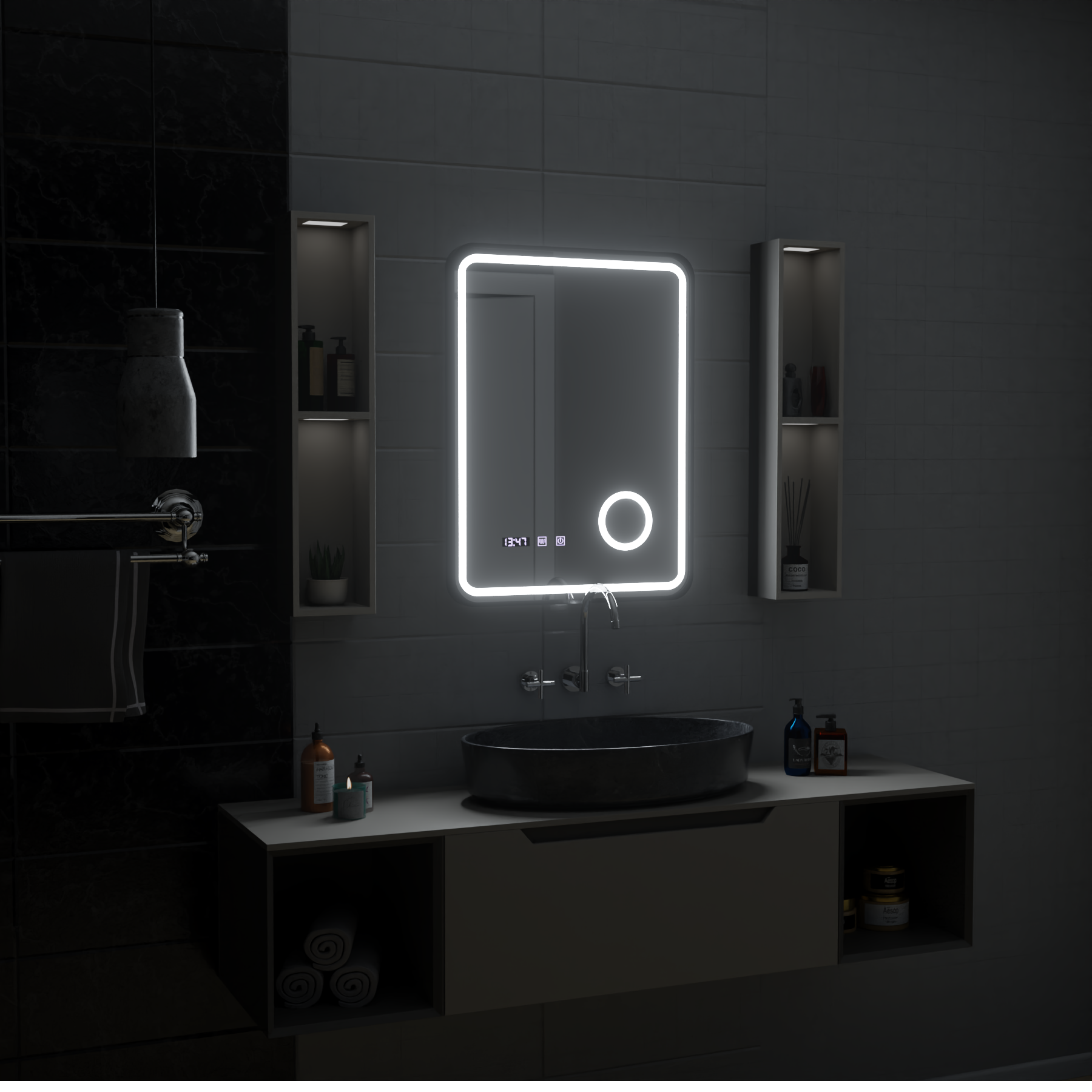 Oglinda LED Touch Ulrich Sistem Dezaburire, Ceas si Temperatura 75x90 cm Rama Negru Brushed Lupa Cosmetica Oglinzi Korman S Default Title Alessandro Design