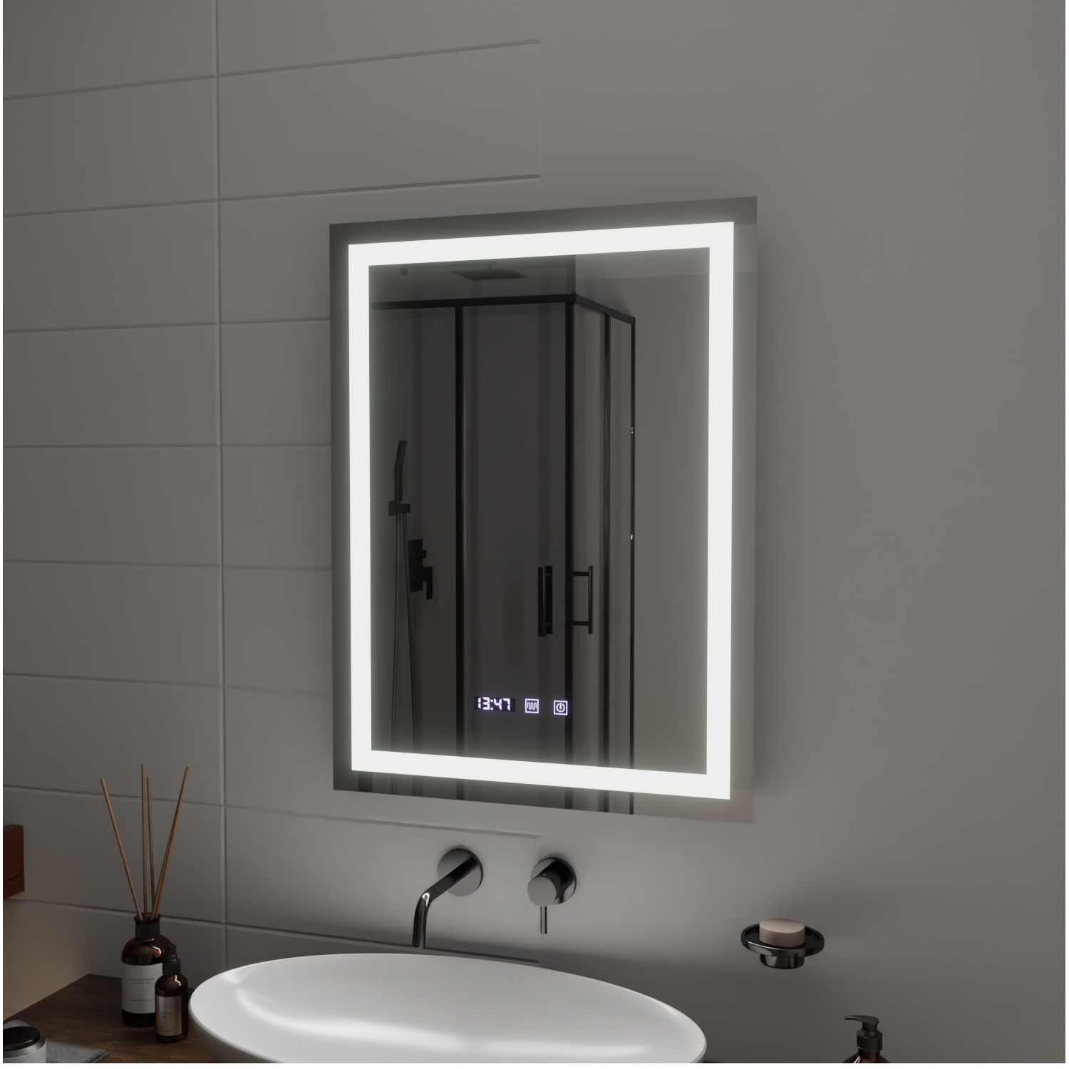 Oglinda LED Touch MODENA Sistem Dezaburire, Ceas si Temperatura 60x80 cm Oglinzi Korman S Default Title Alessandro Design