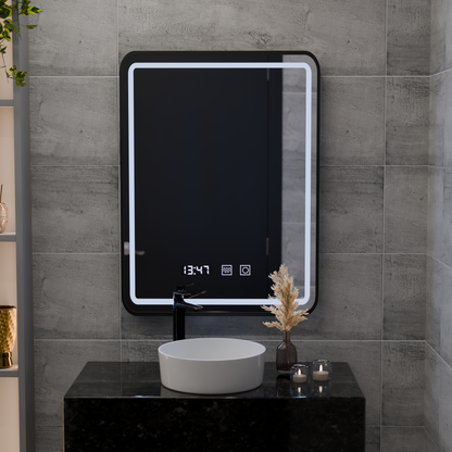 Oglinda LED Touch LUCIDA Sistem Dezaburire, Ceas si Temperatura 50x70 cm Rama Negru Brushed Oglinzi Korman S Default Title Alessandro Design