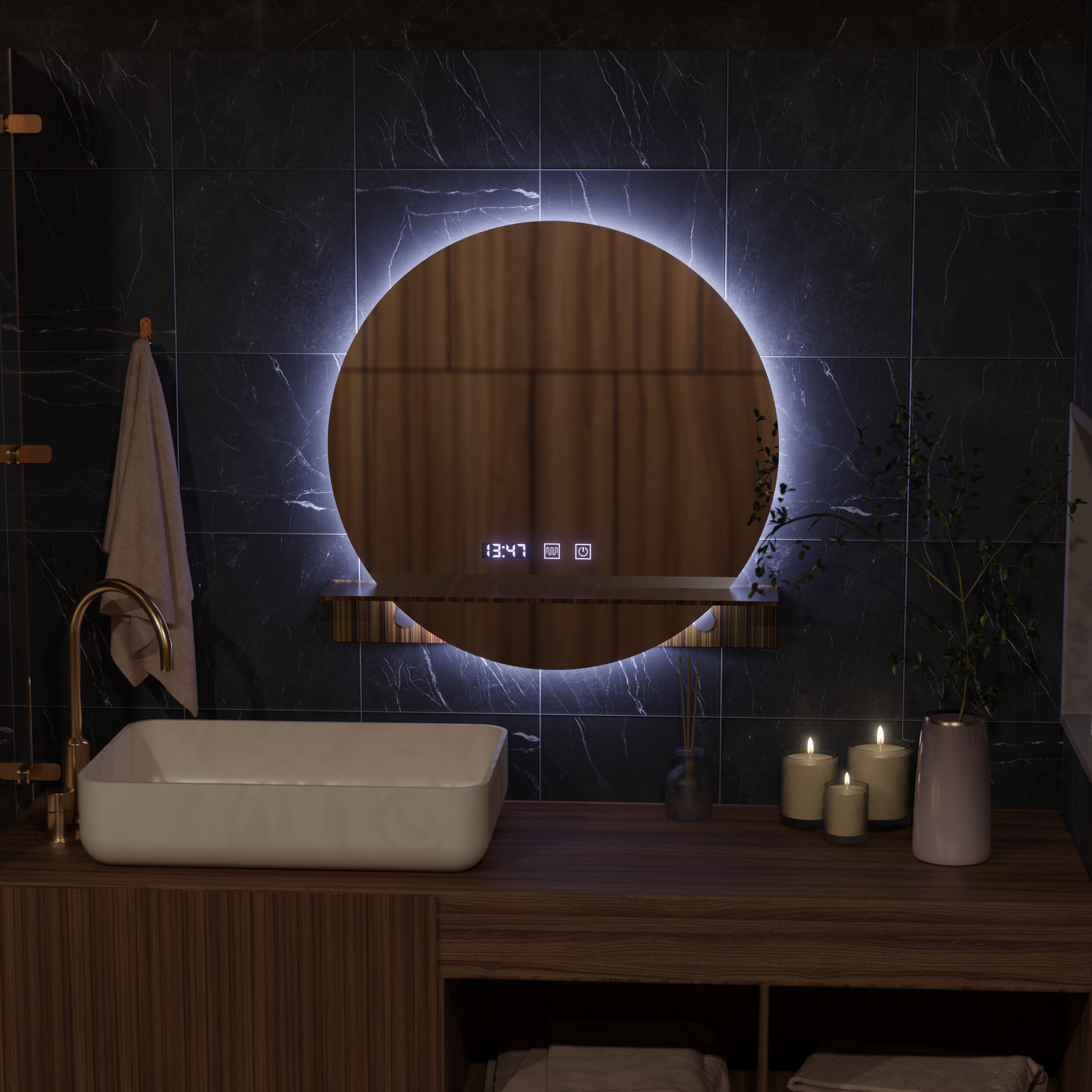 Oglinda LED Touch Alfred Sistem Dezaburire, Ceas si Temperatura 60x60 cm Cu Suport Integrat Oglinzi Korman S Default Title Alessandro Design