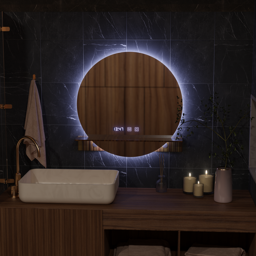 Oglinda LED Touch Alfred Sistem Dezaburire, Ceas si Temperatura 60x60 cm Cu Suport Integrat Oglinzi Korman S Default Title Alessandro Design