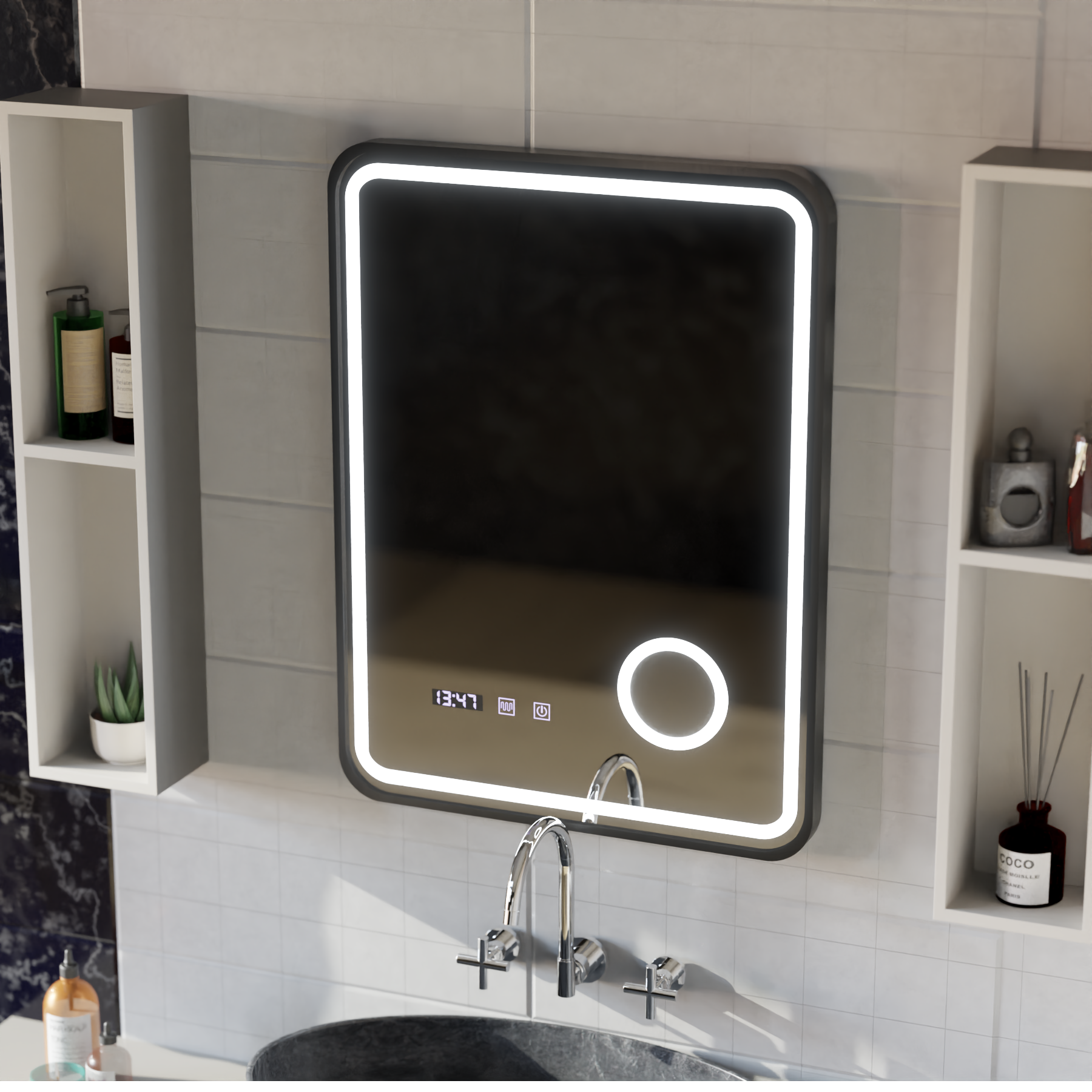 Oglinda LED Touch Ulrich Sistem Dezaburire, Ceas si Temperatura 75x90 cm Rama Negru Brushed Lupa Cosmetica Oglinzi Korman S Default Title Alessandro Design