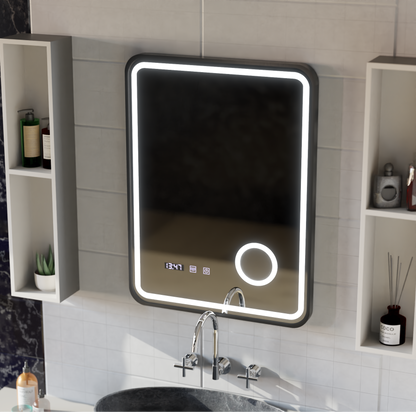 Oglinda LED Touch Ulrich Sistem Dezaburire, Ceas si Temperatura 75x90 cm Rama Negru Brushed Lupa Cosmetica Oglinzi Korman S Default Title Alessandro Design