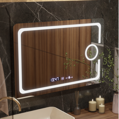 Obdĺžnikové LED zrkadlo, 120x80cm, Eclat MotionGlow Marcello, Demister System, Hodiny & Teplomer, Kozmetická lupa, Stmievateľné