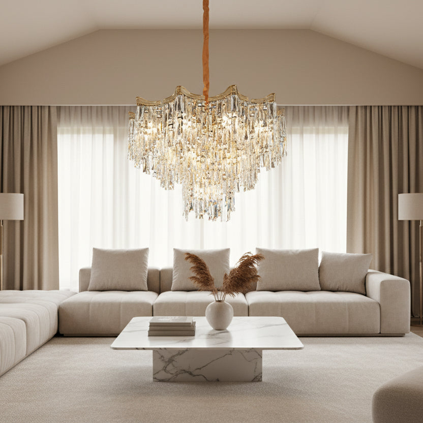 Candelabru Cristal VETRA Magno 10xE14, D60 cm, Auriu, Inaltime Reglabila, Metal si Cristal