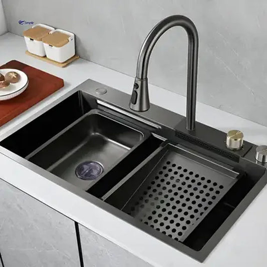Set Chiuveta Bucatarie Inox cu Baterie Dubla, Cuva Perforare Legume/Fructe, Cuva Universala cu Dop Scurgere, Tocator, Negru Grafit, 75x45X21cm Chiuvete Default Title Alessandro Design