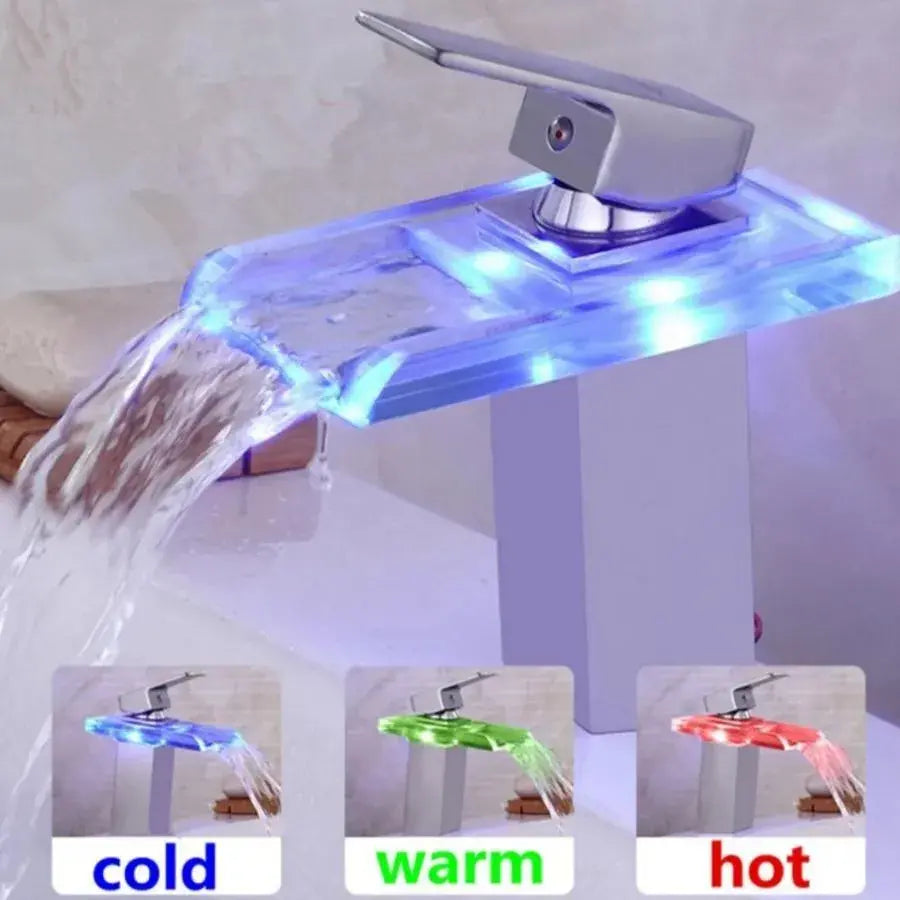 Umývadlová batéria, zliatina a sklo, chróm, RGB svetlo, zmena farby v závislosti od teploty vody, OD3008 Kúpeľňové batérie Predvolený názov Alessandro Design