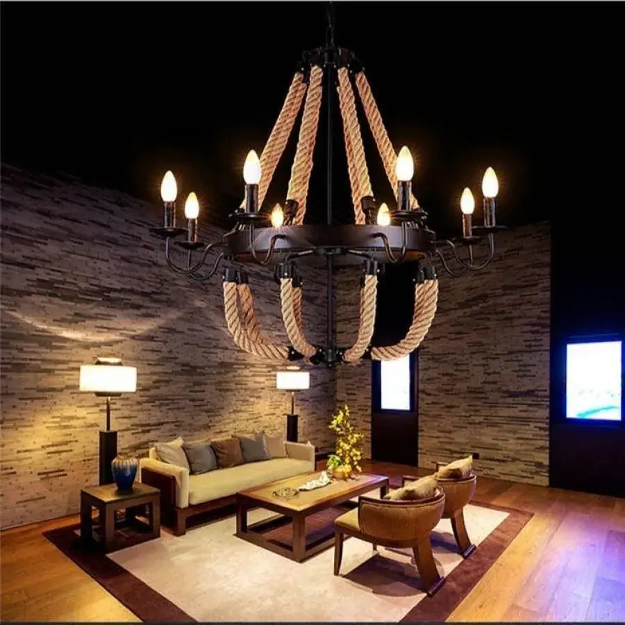 Lustra Circulara, 8xE14, Negru, Metal si Sfoara Lustre Vintage Default Title Alessandro Design