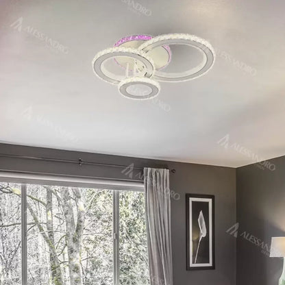 Lustra LED cu telecomanda si cristal LEOCADIA RGB 134W, 3 Cercuri, lumina Rece/Calda/Neutra, Dimabila, Alb Lustre LED Cristal Default Title Alessandro Design