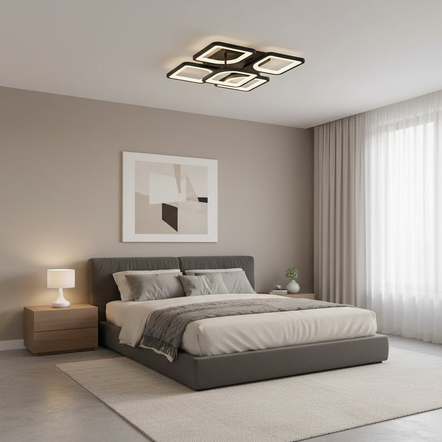 Lustra LED cu telecomanda ZOE 65W, 5 Patrate, lumina Rece/Calda/Neutra, Dimabila, Negru Lustre LED cu Telecomanda Default Title Alessandro Design