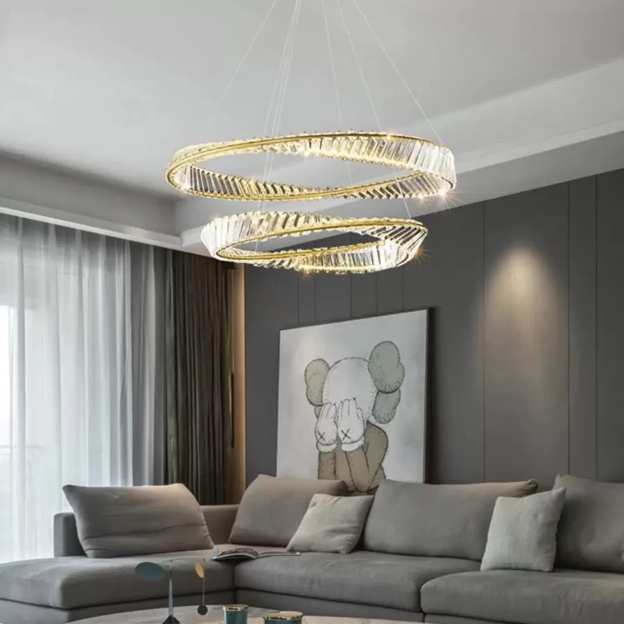 Lustra LED suspendata cu telecomanda si cristal CAIRO 98W, 2 Cercuri, lumina Rece/Calda/Neutra, Dimabila, Auriu Lucios, Inaltime Reglabila Lustre LED Cristal Default Title Alessandro Design