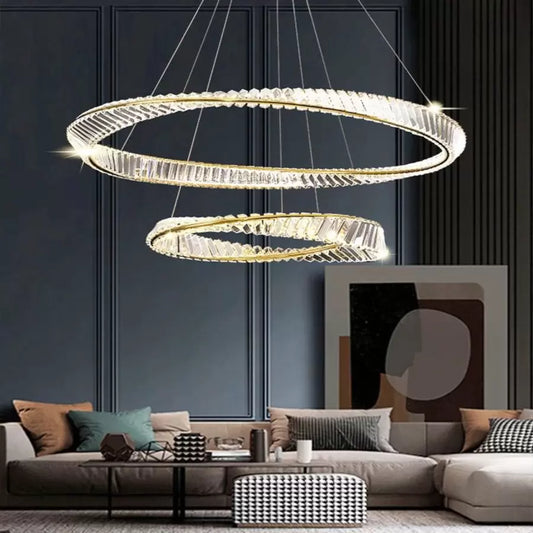 Lustra LED suspendata cu telecomanda si cristal CAIRO 98W, 2 Cercuri, lumina Rece/Calda/Neutra, Dimabila, Auriu Lucios, Inaltime Reglabila Lustre LED Cristal Default Title Alessandro Design