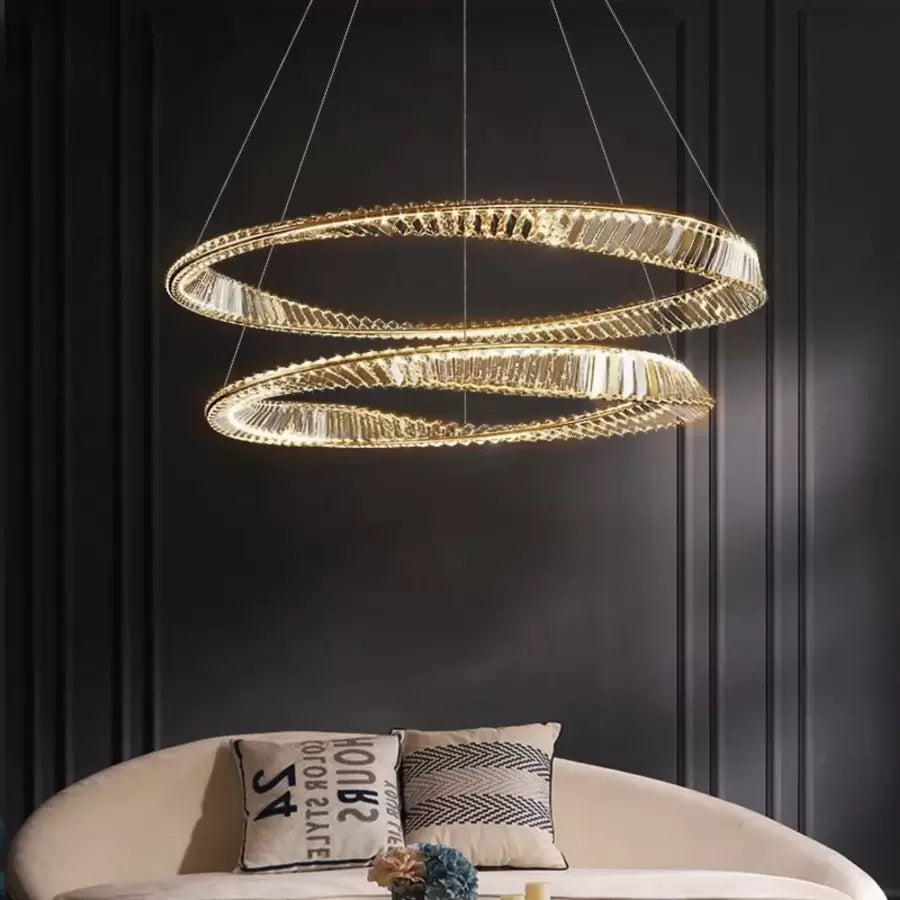 Lustra LED suspendata cu telecomanda si cristal CAIRO 98W, 2 Cercuri, lumina Rece/Calda/Neutra, Dimabila, Auriu Lucios, Inaltime Reglabila Lustre LED Cristal Default Title Alessandro Design