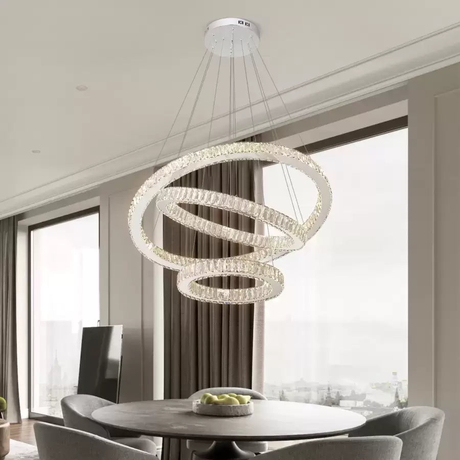 Lustra LED suspendata cu telecomanda si cristal CAYDEN 200W, 3 Cercuri, lumina Rece/Calda/Neutra, Dimabila, Crom Lucios, Inaltime Reglabila Lustra LED Default Title Alessandro Design