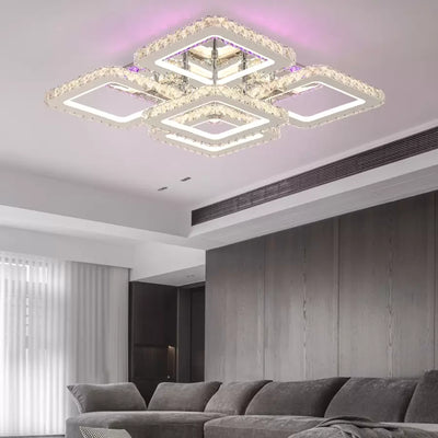 LED luster s krištáľovým diaľkovým ovládaním QUADRIA SUPREMO RGB, 143W, 5 štvorcov, studené/teplé/neutrálne svetlo, stmievateľné, lesklý chróm