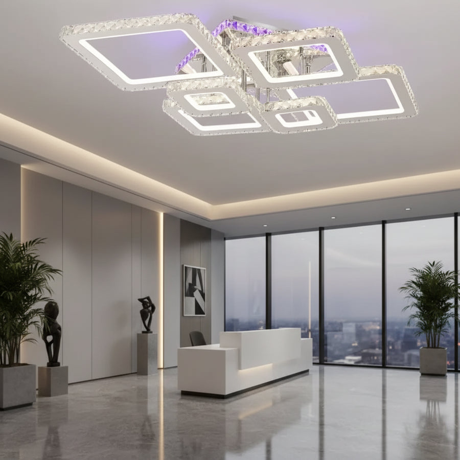 LED luster s diaľkovým ovládaním a krištáľom NOVA RHOMBA RGB 168W, 6 štvorcových, studené/teplé/neutrálne svetlo, stmievateľné, lesklé chrómové LED lustre a kryštály Predvolený názov Alessandro Design