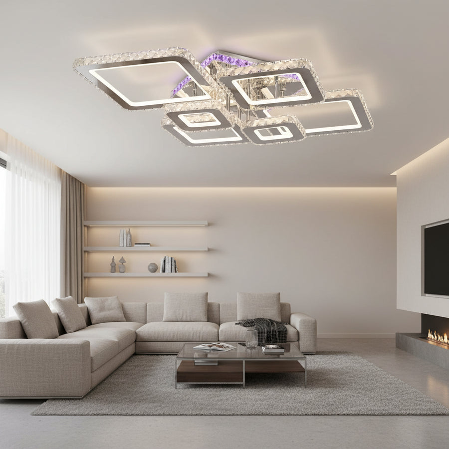 LED luster s diaľkovým ovládaním a krištáľom NOVA RHOMBA RGB 168W, 6 štvorcových, studené/teplé/neutrálne svetlo, stmievateľné, lesklé chrómové LED lustre a kryštály Predvolený názov Alessandro Design