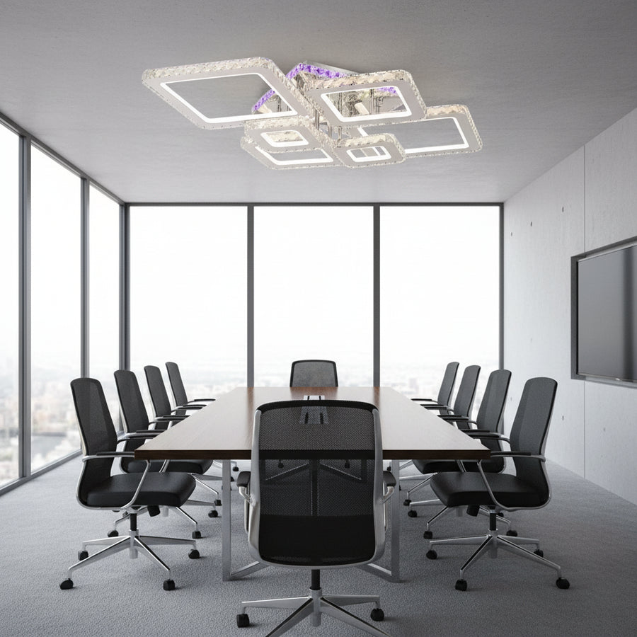 LED luster s diaľkovým ovládaním a krištáľom NOVA RHOMBA RGB 168W, 6 štvorcových, studené/teplé/neutrálne svetlo, stmievateľné, lesklé chrómové LED lustre a kryštály Predvolený názov Alessandro Design
