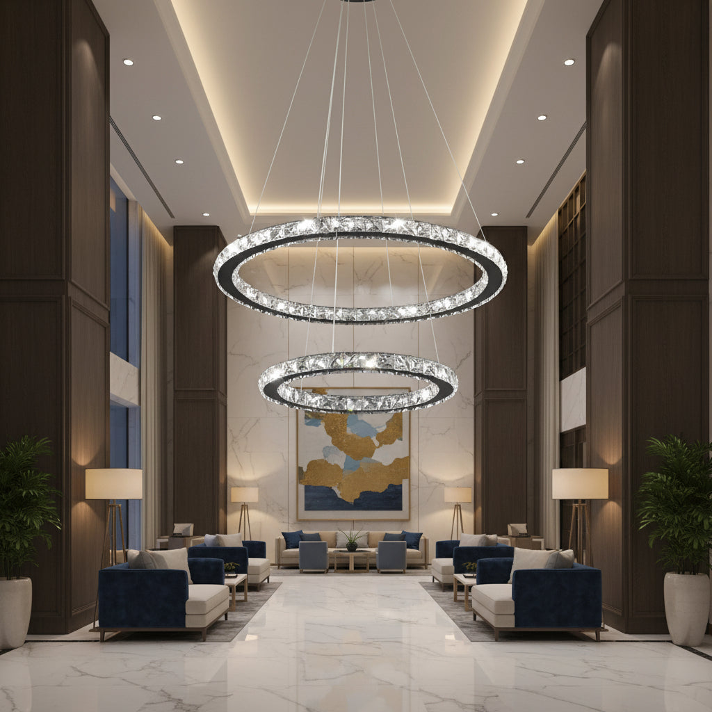 Lustra LED cu telecomanda si cristal PRISM LUMINIS 58W, 2 Cercuri, lumina Rece/Calda/Neutra, Dimabila, Crom si Alb, Inaltime Reglabila Lustre LED cu Telecomanda Default Title Alessandro Design